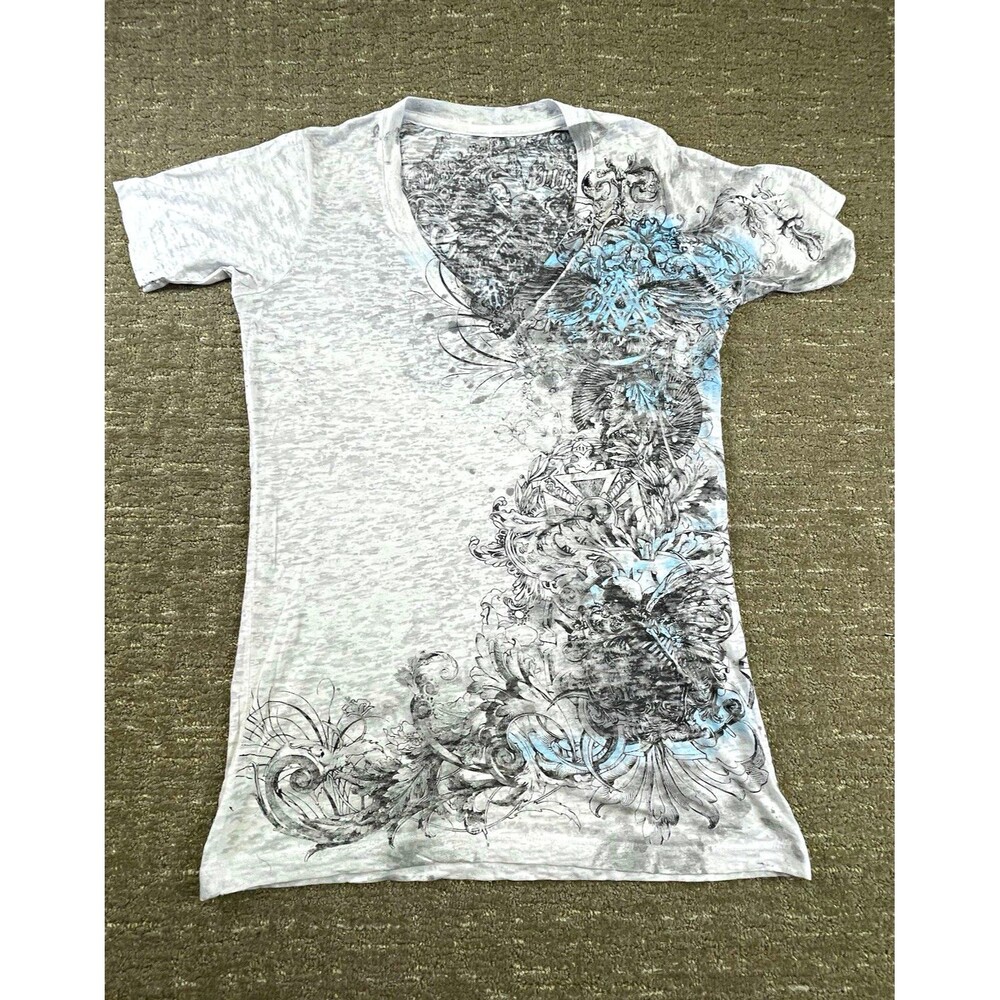 Archaic Affliction women’s XL V-Neck Graphic Short Sleeve Cotton Knit T-Shirt